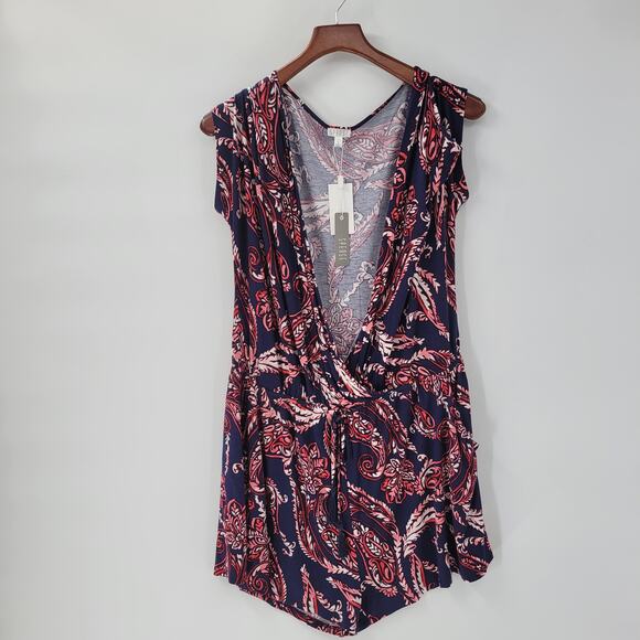 Spense Womens Romper XL Blue Red Paisley Cold Shoulder Boho Pullover Stretch - Picture 1 of 14